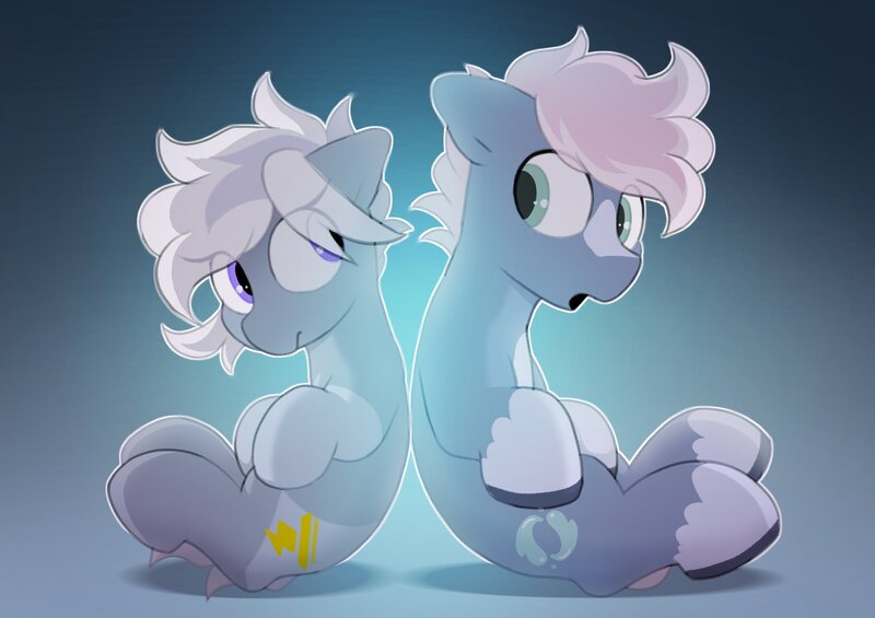 Size: 2064x1457 | Tagged: safe, artist:mochi_nation, derpibooru import, oc, oc:silver bolt, oc:water socks, earth pony, pony, back to back, coat markings, duo, eye clipping through hair, female, image, jpeg, looking at each other, looking back, male, mare, sitting, socks (coat marking), stallion
