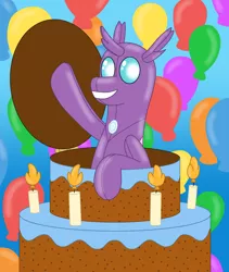 Size: 2060x2436 | Tagged: safe, artist:ltcolonelwhipper, artist:wolvinof, derpibooru import, oc, oc:cara, changedling, changeling, inflatable pony, pooltoy pony, air nozzle, balloon, birthday, birthday cake, birthday gift, cake, candle, changeling oc, food, image, inflatable, inflatable toy, looking at you, png, pool toy, pop out cake, simple background, smiling, smiling at you