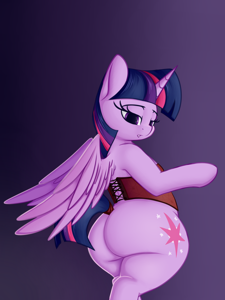 Size: 2431x3240 | Tagged: suggestive, artist:andelai, derpibooru import, twilight sparkle, twilight sparkle (alicorn), alicorn, pony, semi-anthro, ass, bedroom eyes, bipedal, butt, chubby, clothes, corset, female, image, mare, png, simple background, solo, thick, twibutt, twilight has a big ass, wings