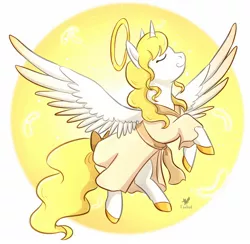 Size: 1248x1220 | Tagged: safe, artist:foxhatart, derpibooru import, oc, oc:golden skies, alicorn, pony, alicorn oc, angel, clothes, colored wings, female, halo, holy, horn, image, jpeg, mare, solo, two toned wings, wings, yellow