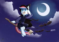 Size: 3684x2605 | Tagged: safe, artist:foxhatart, derpibooru import, oc, oc:britannia (uk ponycon), bat, broom, cloud, flying, flying broomstick, hat, image, jpeg, mascot, moon, night, sky, uk ponycon, witch hat, wizard hat