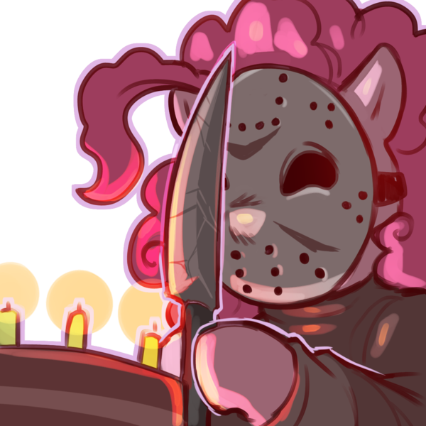 Size: 1159x1159 | Tagged: safe, artist:cold-blooded-twilight, derpibooru import, pinkie pie, cake, candle, clothes, female, food, halloween, hockey mask, holiday, horror, image, jason voorhees, knife, mask, png, simple background, solo, solo female, transparent background