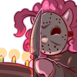 Size: 1159x1159 | Tagged: safe, artist:cold-blooded-twilight, derpibooru import, pinkie pie, cake, candle, clothes, female, food, halloween, hockey mask, holiday, horror, image, jason voorhees, knife, mask, png, simple background, solo, solo female, transparent background