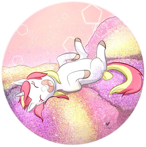 Size: 1332x1338 | Tagged: safe, artist:foxhatart, derpibooru import, oc, oc:custard, pony, unicorn, eyes closed, female, glitter, happy, image, jpeg, lying down, mare, on back, solo