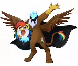 Size: 2012x1690 | Tagged: safe, artist:foxhatart, derpibooru import, oc, oc:rainbow feather, dullahan, gryphon, hippogriff, cape, clothes, disembodied head, headless, image, interspecies offspring, jpeg, magical lesbian spawn, modular, offspring, parent:gilda, parent:rainbow dash, parents:gildash, simple background, solo, white background