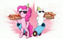 Size: 3157x1984 | Tagged: safe, artist:foxhatart, derpibooru import, pinkie pie, oc, oc:bumper, earth pony, ghost, pony, undead, bipedal, duo, female, food, high res, image, jpeg, mare, non-pony oc, party cannon, pizza, simple background, smiling, sunglasses, white background