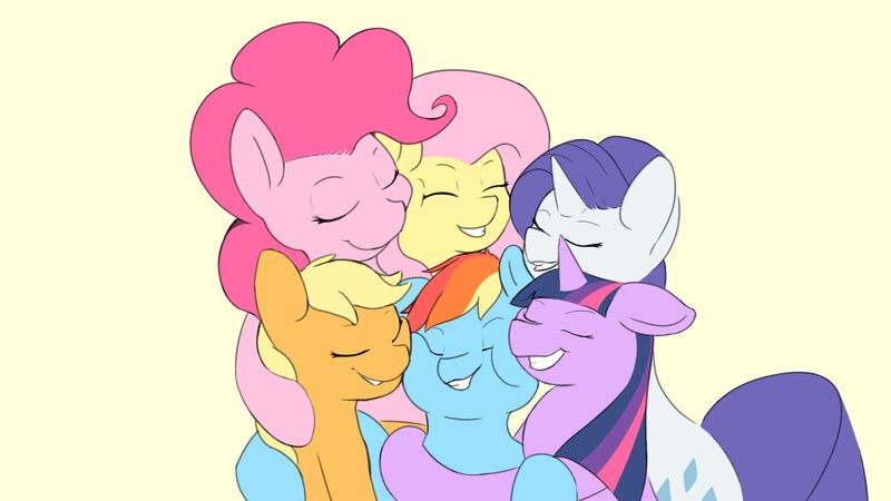 Size: 3840x2160 | Tagged: safe, artist:flutterfigle, derpibooru import, applejack, fluttershy, pinkie pie, rainbow dash, rarity, twilight sparkle, earth pony, pegasus, pony, unicorn, group hug, hug, image, jpeg, mane six, squishy cheeks