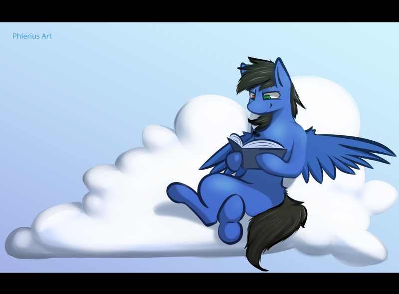 Size: 2708x2000 | Tagged: safe, artist:phlerius, derpibooru import, oc, oc:glorious shark, unofficial characters only, pegasus, pony, book, cloud, heterochromia, image, png, solo, wings