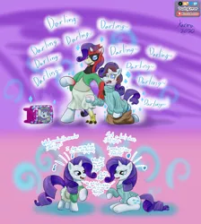 Size: 1840x2056 | Tagged: safe, artist:dustyerror, artist:kparote22, derpibooru import, rarity, oc, oc:cassette, oc:kerry, avian, human, pony, unicorn, assimilation, character to character, cloning, clothes, collaboration, darling, dialogue, dress, duality, duo, emanata, female, floating heart, furry, furry oc, furry to pony, glasses, heart, human oc, human to pony, image, kneeling, male to female, mare, mental shift, mind control, music notes, open mouth, open smile, pants, pink background, png, purple background, rule 63, saddle, self ponidox, simple background, sitting, smiling, spiral background, sweater, swirly eyes, tack, tongue out, toy, transformation, transgender transformation, twinning, underhoof