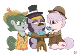 Size: 3024x2100 | Tagged: safe, artist:wispy tuft, derpibooru import, oc, oc:mummydew, oc:pitchblende, oc:red pill, earth pony, elephant, pony, undead, unicorn, bowler hat, clothes, cute, dress, fancy, female, filly, foal, hat, image, mummy, pipe, png, suit, sundress, tea party, top hat, wholesome