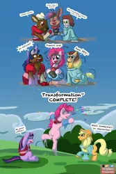 Size: 2000x3000 | Tagged: safe, artist:dustyerror, derpibooru import, applejack, pinkie pie, twilight sparkle, oc, oc:cassette, oc:dell, oc:trevor fox, deer, earth pony, human, mouse, pony, unicorn, applejack's hat, arm warmers, art trade, blue background, blushing, character to character, chin stroke, clothes, collar, cowboy hat, descriptive noise, dialogue, distressed, emanata, excited, eyes closed, female, furry, furry oc, furry to pony, gasp, glasses, happy, hat, head in hooves, high res, human oc, human to pony, image, jacket, jumping, male to female, mare, onomatopoeia, open mouth, open smile, png, raised hoof, reality shift, rule 63, simple background, sitting, smiling, speech bubble, sweater, transformation, transgender transformation, trio, underhoof, unicorn twilight, varying degrees of want, vhs