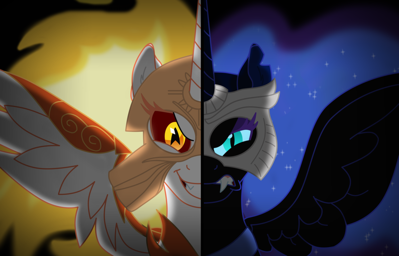 Size: 1024x659 | Tagged: safe, artist:faitheverlasting, derpibooru import, daybreaker, nightmare moon, alicorn, pony, angry, evil grin, grin, gritted teeth, image, korgano, mane of fire, masaka, mask, masks, png, simple background, smiling, star trek, star trek: the next generation