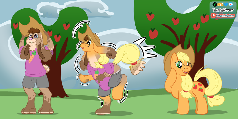 Size: 3000x1500 | Tagged: safe, artist:dustyerror, derpibooru import, applejack, oc, oc:trickster, earth pony, pony, rabbit, animal, apple, apple tree, applejack's hat, character to character, clothes, cowboy hat, female, food, furry, furry oc, furry to pony, glasses, happy, hat, hoof on cheek, image, looking back, male to female, mare, open mouth, open smile, png, rule 63, shirt, shorts, smiling, solo, transformation, transformation sequence, transgender transformation, tree