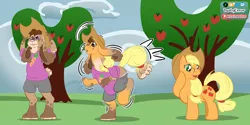 Size: 3000x1500 | Tagged: safe, artist:dustyerror, derpibooru import, applejack, oc, oc:trickster, earth pony, pony, rabbit, animal, apple, apple tree, applejack's hat, character to character, clothes, cowboy hat, female, food, furry, furry oc, furry to pony, glasses, happy, hat, hoof on cheek, image, looking back, male to female, mare, open mouth, open smile, png, rule 63, shirt, shorts, smiling, solo, transformation, transformation sequence, transgender transformation, tree