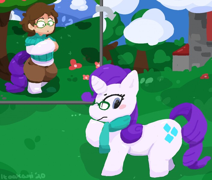 Size: 1280x1090 | Tagged: safe, artist:itoakami, derpibooru import, rarity, oc, oc:cassette, human, pony, unicorn, ..., blush sticker, blushing, character to character, clothes, exclamation point, glasses, human oc, human to pony, image, interrobang, jpeg, looking back, male to female, pants, question mark, raised hoof, rule 63, scarf, solo, sweater, transformation, transgender transformation, wide eyes