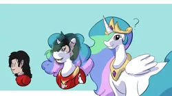 Size: 1280x715 | Tagged: safe, artist:dustyerror, derpibooru import, princess celestia, oc, oc:neo, alicorn, human, pony, blue background, bust, character to character, clothes, crown, female, hair over one eye, human oc, human to pony, image, jewelry, male to female, mare, open mouth, out of frame, peytral, png, portrait, question mark, regalia, ripping clothes, rule 63, shirt, simple background, solo, swirly eyes, transformation, transformation sequence, transforming clothes, transgender transformation