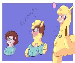 Size: 1280x1072 | Tagged: safe, artist:dustyerror, derpibooru import, oc, oc:cassette, alpaca, human, them's fightin' herds, blue background, bust, character to character, clothes, community related, floating heart, fluffy, glasses, grin, heart, hoof on neck, human oc, image, male to female, onomatopoeia, paprika (tfh), png, portrait, ripping clothes, rule 63, simple background, smiling, solo, sweater, transformation, transformation sequence, transgender transformation, wavy mouth
