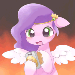 Size: 600x600 | Tagged: safe, artist:ginmaruxx, artist:szafir87, derpibooru import, pipp petals, pegasus, pony, my little pony: a new generation, animated, blushing, flapping wings, g5, gif, image, mobile phone, open mouth, phone, smartphone, sweat, sweatdrops, wings