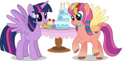 Size: 3025x1516 | Tagged: safe, artist:thatusualguy06, derpibooru import, sunny starscout, twilight sparkle, twilight sparkle (alicorn), alicorn, pony, my little pony: a new generation, aweeg*, birthday cake, cake, cupcake, cute, duo, duo female, female, food, g5, g5 to g4, happy birthday mlp:fim, image, mare, messy eating, mlp fim's eleventh anniversary, mouth hold, png, puffy cheeks, raised hoof, simple background, spread wings, sunnybetes, sunnycorn, table, transparent background, twiabetes, unshorn fetlocks, vector, wings