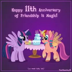 Size: 3208x3208 | Tagged: safe, artist:thatusualguy06, derpibooru import, sunny starscout, twilight sparkle, twilight sparkle (alicorn), alicorn, pony, my little pony: a new generation, aweeg*, birthday cake, cake, cupcake, cute, duo, duo female, female, food, g5, g5 to g4, gradient background, happy birthday mlp:fim, high res, image, mare, messy eating, mlp fim's eleventh anniversary, mouth hold, png, puffy cheeks, raised hoof, spread wings, sunnybetes, sunnycorn, table, text, twiabetes, unshorn fetlocks, vector, wings