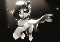 Size: 2829x2000 | Tagged: safe, alternate version, artist:light262, derpibooru import, pipp petals, pegasus, pony, my little pony: a new generation, cheek fluff, chest fluff, chromatic aberration, dark, ear fluff, female, fluffy, g5, grayscale, hoof fluff, image, jpeg, leg fluff, lidded eyes, looking at you, mare, monochrome, no pupils, open mouth, smiling, smiling at you, solo, sparkles, spotlight, spread wings, unshorn fetlocks, wing fluff, wings