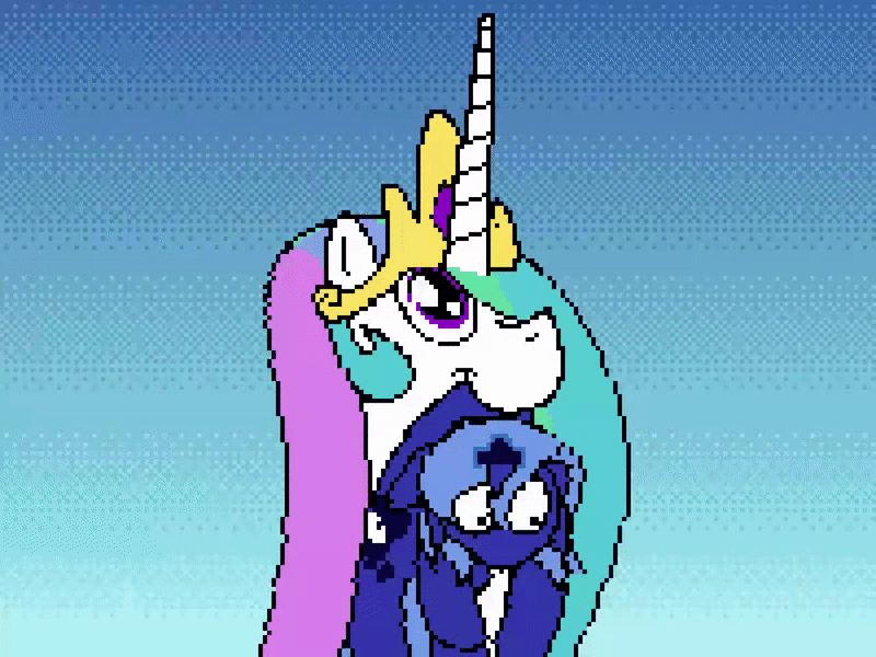 Size: 800x600 | Tagged: safe, artist:2snacks, derpibooru import, edit, princess celestia, princess luna, alicorn, pony, 8-bit, abuse, animated, crown, cursed, cute, exploitable meme, female, filly, gif, hair over one eye, hand, head pat, image, impossibly long neck, jewelry, lesser dog, long neck, lunabuse, magic, magic hands, meme, moon, mouth, mouth hold, necc, nope.avi, pat, pixel art, princess necklestia, regalia, royal sisters, scruff, siblings, sisters, to the moon, wat, wingless, woona, younger