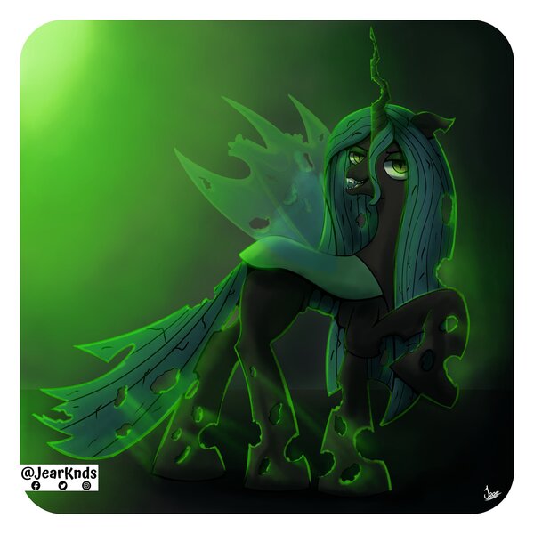 Size: 2250x2250 | Tagged: safe, artist:jearknds, derpibooru import, queen chrysalis, changeling, changeling queen, female, image, jpeg, lidded eyes, raised hoof, signature, solo