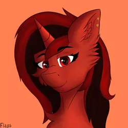 Size: 5000x5000 | Tagged: safe, artist:flapstune, derpibooru import, oc, oc:flaps tune, unofficial characters only, pony, unicorn, bust, ear fluff, ear piercing, earring, female, fluffy, horn, image, jewelry, mare, orange background, piercing, png, signature, simple background, smiling, solo, unicorn oc