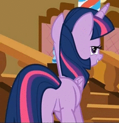Size: 562x582 | Tagged: suggestive, derpibooru import, edit, edited screencap, fifteen.ai, screencap, twilight sparkle, twilight sparkle (alicorn), alicorn, pony, the one where pinkie pie knows, butt, cropped, female, i watch it for the plot, image, lidded eyes, looking at you, mare, out of context, plot, smiling, solo, solo female, sound only, staircase, stairs, twibutt, webm