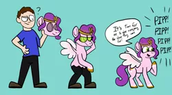 Size: 1280x713 | Tagged: safe, artist:timberwoofarts, derpibooru import, pipp petals, goo, human, pegasus, pony, my little pony: a new generation, commission, female, g5, human to pony, hypnosis, image, jpeg, male, male to female, mask, rule 63, sequence, simple background, speech bubble, swirly eyes, text, transformation, transformation sequence, transgender transformation