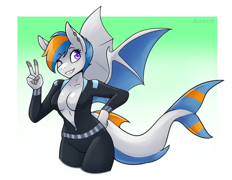 Size: 2048x1593 | Tagged: suggestive, artist:ambris, derpibooru import, oc, oc:gulfstream, unofficial characters only, anthro, hybrid, original species, shark, shark pony, absolute cleavage, bat wings, breasts, cleavage, female, gradient background, hair over one eye, image, jpeg, looking at you, one eye closed, peace sign, solo, solo female, spandex, tight clothing, wings, wink, winking at you
