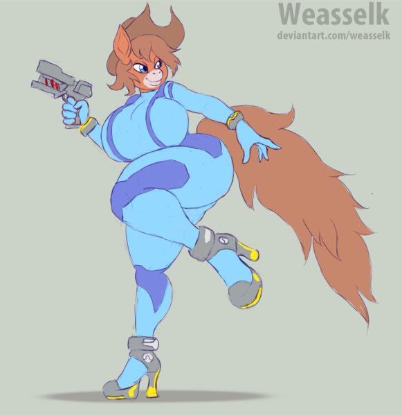 Size: 1162x1200 | Tagged: suggestive, artist:weasselk, derpibooru import, oc, oc:autumn harvest, anthro, earth pony, big breasts, blaster, boots, breasts, butt, clothes, cosplay, costume, cowboy hat, gun, hat, high heel boots, hyper, image, large butt, metroid, png, shoes, skintight clothes, solo, thighs, thunder thighs, weapon, zero suit