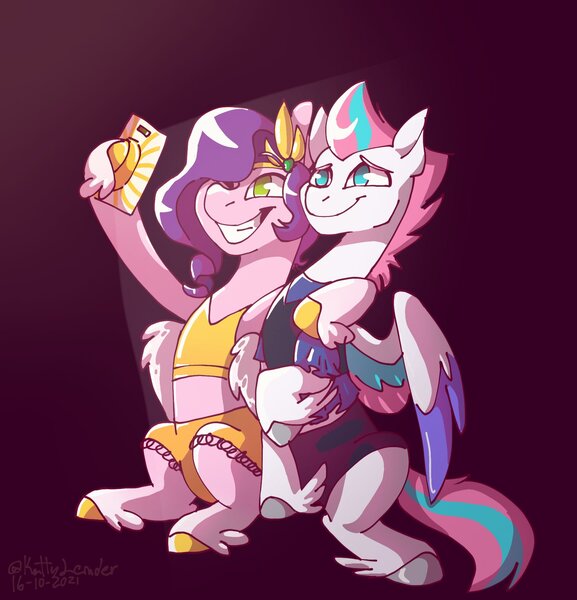 Size: 1831x1905 | Tagged: safe, artist:kattylender, derpibooru import, pipp petals, zipp storm, pegasus, pony, clothes, duo, female, g5, image, jpeg, mare, mobile phone, no pupils, phone, selfie, siblings, sisters, sitting, slumber party, smartphone