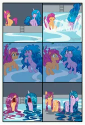 Size: 3554x5234 | Tagged: safe, artist:floonasif, derpibooru import, izzy moonbow, sunny starscout, my little pony: a new generation, spoiler:g5, spoiler:my little pony: a new generation, breathhold, flowing mane, flowing tail, g5, hair over eyes, image, jpeg, long hair, long mane, long tail, swimming pool, tail, underwater, wet, wet mane