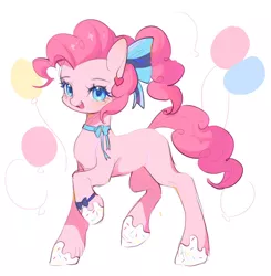 Size: 1002x1024 | Tagged: safe, artist:leafywind, derpibooru import, pinkie pie, earth pony, pony, alternate hairstyle, balloon, bow, colored pupils, cute, diapinkes, female, food, frosting, hair bow, heart, image, jpeg, mare, neck bow, open mouth, ponytail, simple background, solo, white background
