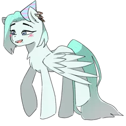 Size: 768x768 | Tagged: safe, artist:metaruscarlet, derpibooru import, oc, oc:minty fresh (ice1517), unofficial characters only, pegasus, pony, blushing, ear piercing, earring, female, hat, image, jewelry, mare, open mouth, party hat, piercing, png, raised hoof, simple background, solo, transparent background