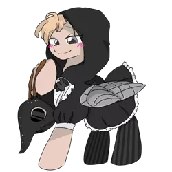 Size: 768x768 | Tagged: safe, artist:metaruscarlet, derpibooru import, oc, oc:dollface lolita, unofficial characters only, pegasus, pony, amputee, artificial wings, augmented, blushing, clothes, dress, female, hood, image, mare, plague doctor mask, png, prosthetic limb, prosthetic wing, prosthetics, simple background, skirt, socks, solo, striped socks, transparent background, wings