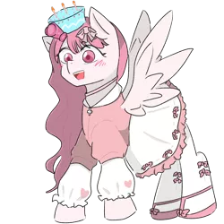 Size: 768x768 | Tagged: safe, artist:metaruscarlet, derpibooru import, oc, oc:pink cross, unofficial characters only, pegasus, pony, blushing, clothes, female, flats, hat, image, mare, nurse, nurse outfit, open mouth, party hat, png, shirt, shoes, simple background, skirt, socks, solo, stockings, thigh highs, transparent background