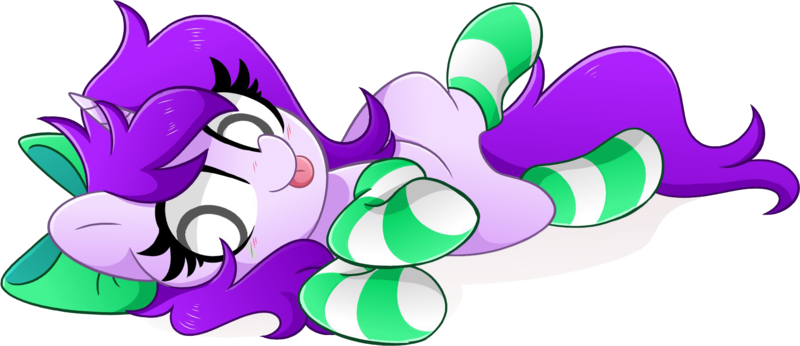 Size: 1824x788 | Tagged: safe, artist:kittyrosie, derpibooru import, oc, oc:mable syrup, unofficial characters only, pony, unicorn, blind, bow, clothes, cute, hooves up, image, lying down, on back, png, purple hair, simple background, socks, solo, striped socks, tongue out, transparent background