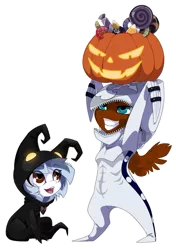 Size: 1729x2450 | Tagged: safe, artist:arctic-fox, derpibooru import, oc, oc:ash wing, oc:nimble wing, unofficial characters only, candy, clothes, cosplay, costume, cute, female, food, grin, halloween, heartless, holiday, image, jack-o-lantern, kingdom hearts, looking up, male, nobody, png, pumpkin, shipping, simple background, sitting, smiling, spread wings, transparent background, wings