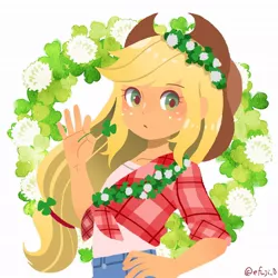 Size: 1024x1024 | Tagged: safe, artist:efuji_d, derpibooru import, applejack, equestria girls, clothes, female, floral head wreath, flower, hand on hip, image, jpeg, looking at you, plaid shirt, shamrock, shirt, solo