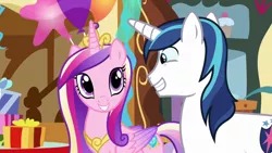 Size: 1920x1080 | Tagged: safe, derpibooru import, screencap, princess cadance, shining armor, alicorn, pony, unicorn, the one where pinkie pie knows, spoiler:s05, duo, female, husband and wife, image, male, mare, png, smiling, stallion