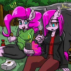 Size: 1280x1280 | Tagged: safe, artist:genericmlp, derpibooru import, pinkie pie, anthro, earth pony, blunt, clothes, drugs, duality, image, jacket, jpeg, mobile phone, munchies, open mouth, open smile, phone, pinkamena diane pie, red eyes, self ponidox, smiling, sweater
