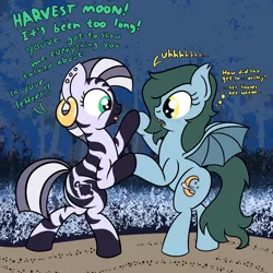 Size: 2000x2000 | Tagged: safe, artist:dafiltafish, derpibooru import, oc, oc:harvest moon, oc:wambui, bat pony, pony, zebra, bat pony oc, bat wings, blushing, crushing, dialogue, image, mlp fim's eleventh anniversary, png, text, thought bubble, wings, zebra oc