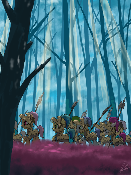 Size: 3000x4000 | Tagged: safe, artist:flaremoon, derpibooru import, oc, oc:mercury haze, earth pony, pegasus, pony, unicorn, armor, female, forest, guard, guardsmare, image, marching, mare, png, royal guard, tree, weapon