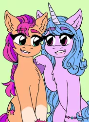 Size: 1948x2664 | Tagged: safe, artist:marshmallowbreeze, derpibooru import, izzy moonbow, sunny starscout, my little pony: a new generation, duo, g5, image, png, simple background, smiling