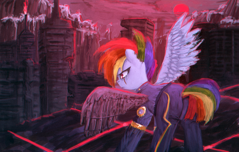 Size: 2369x1500 | Tagged: safe, artist:menalia, derpibooru import, rainbow dash, pegasus, pony, aesthetics, alternate timeline, apocalypse dash, butt, chromatic aberration, city, clothes, crying, crystal war timeline, female, image, mare, mountain, pants, plot, png, prosthetics, sad, scar, snow, suit, sun, wings