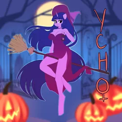 Size: 2900x2900 | Tagged: suggestive, artist:xjenn9, derpibooru import, twilight sparkle, anthro, broom, commission, gravestone, graveyard, halloween, hat, holiday, image, jack-o-lantern, lantern, moon, png, pumpkin, solo, tree, witch hat, ych example, your character here