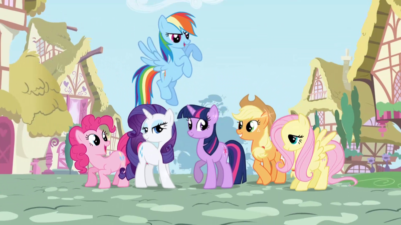 Size: 1920x1080 | Tagged: safe, derpibooru import, screencap, applejack, fluttershy, pinkie pie, rainbow dash, rarity, twilight sparkle, earth pony, pegasus, pony, unicorn, female, image, intro, mane six, opening, png, ponyville, unicorn twilight