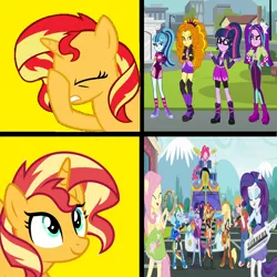 Size: 1298x1298 | Tagged: safe, artist:bigpurplemuppet99, derpibooru import, adagio dazzle, applejack, aria blaze, fluttershy, pinkie pie, rainbow dash, rarity, sci-twi, sonata dusk, sunset shimmer, twilight sparkle, eqg summertime shorts, equestria girls, get the show on the road, approval, disapproval, image, png, sonic rainboom, the dazzlings, the rainbooms